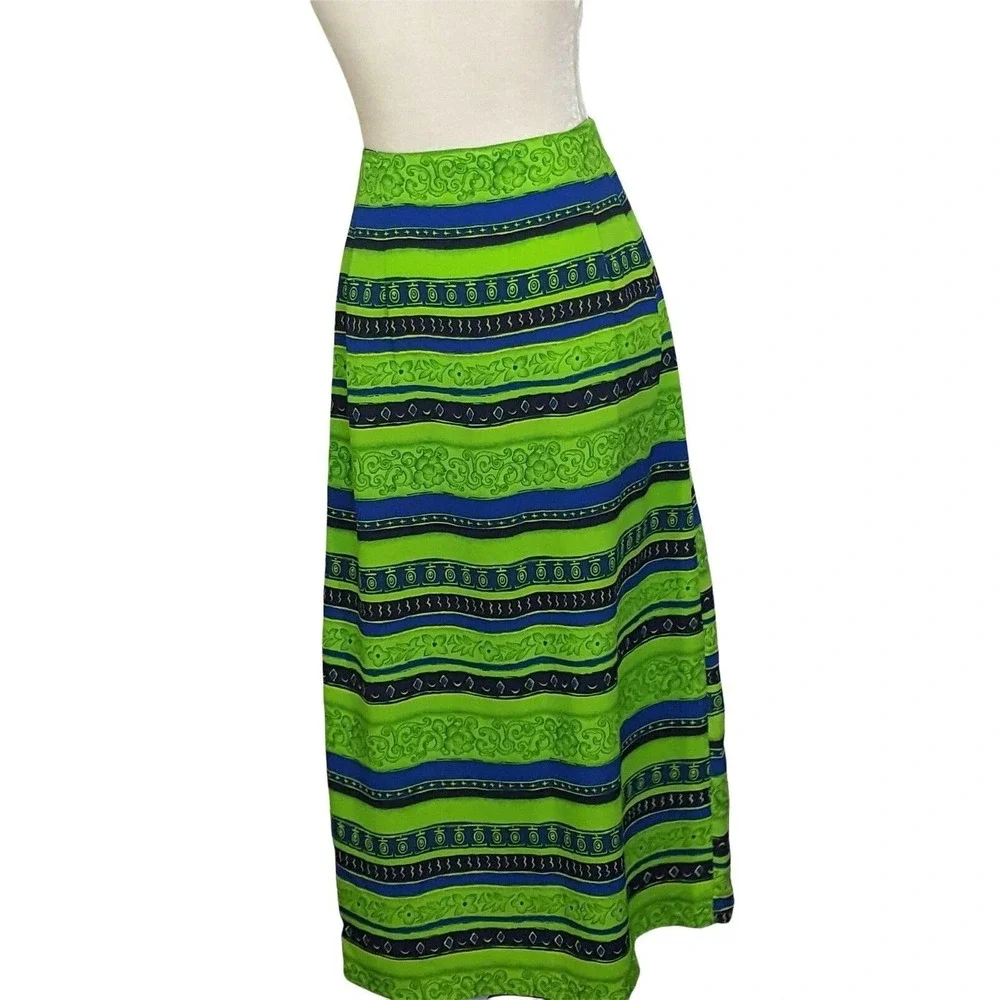 Vintage Maxi Wrap Skirt Small Floral Tribal Blue Green Polyester  L&S Designs